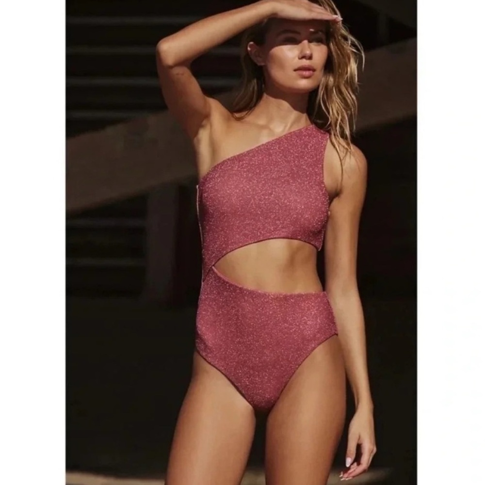 Beach Riot One-Shoulder Cutout One-Piece Swimsuit in Rose Metallic